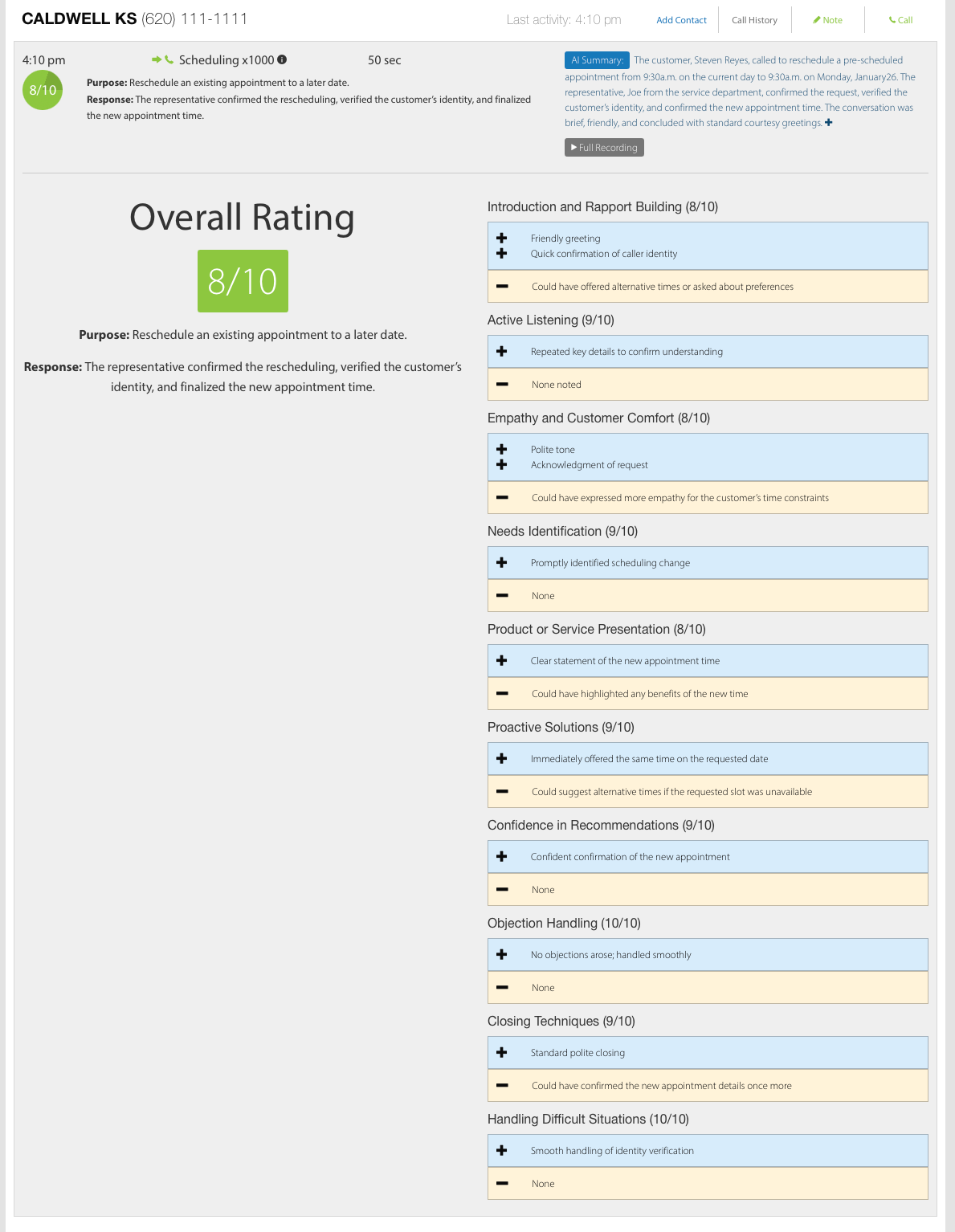 WebFones Call Scoring showing detailed performance ratings