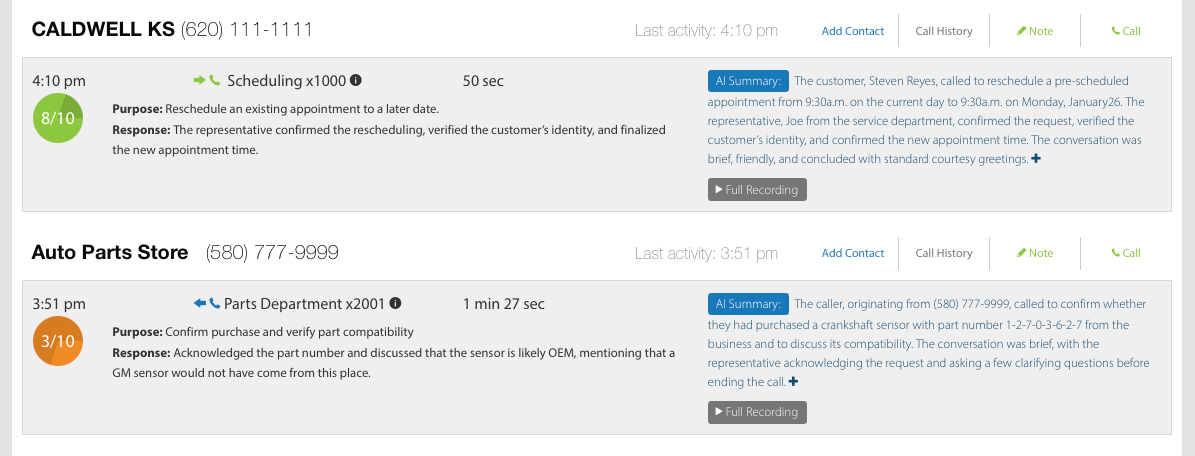 WebFones Call Intelligence interface showing AI summaries, call scoring, and transcriptions