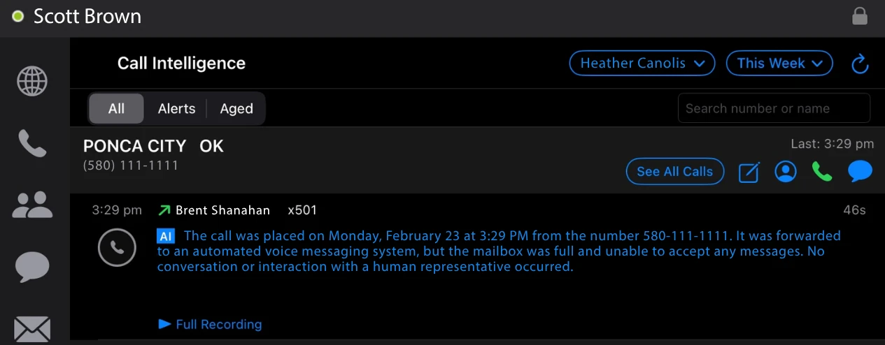 WebFones Call Intelligence interface showing AI summaries, call scoring, and transcriptions