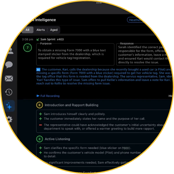 Call Intelligence view with AI call summary, purpose, and response analysis