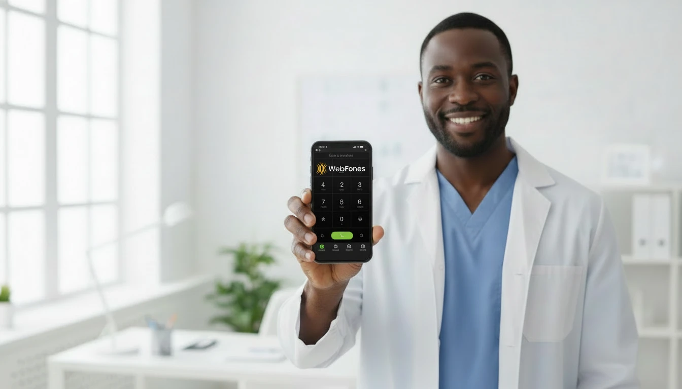 Physician in a clinic holding a phone running the WebFones app