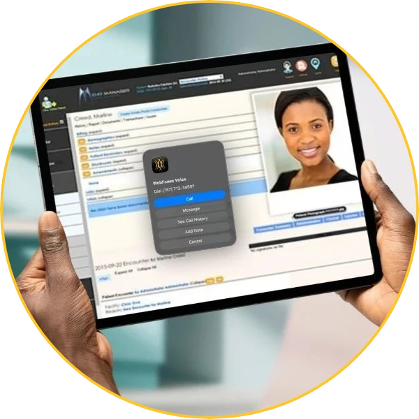 WebFones Browser turning a phone number in a patient chart into a click-to-call action on a tablet