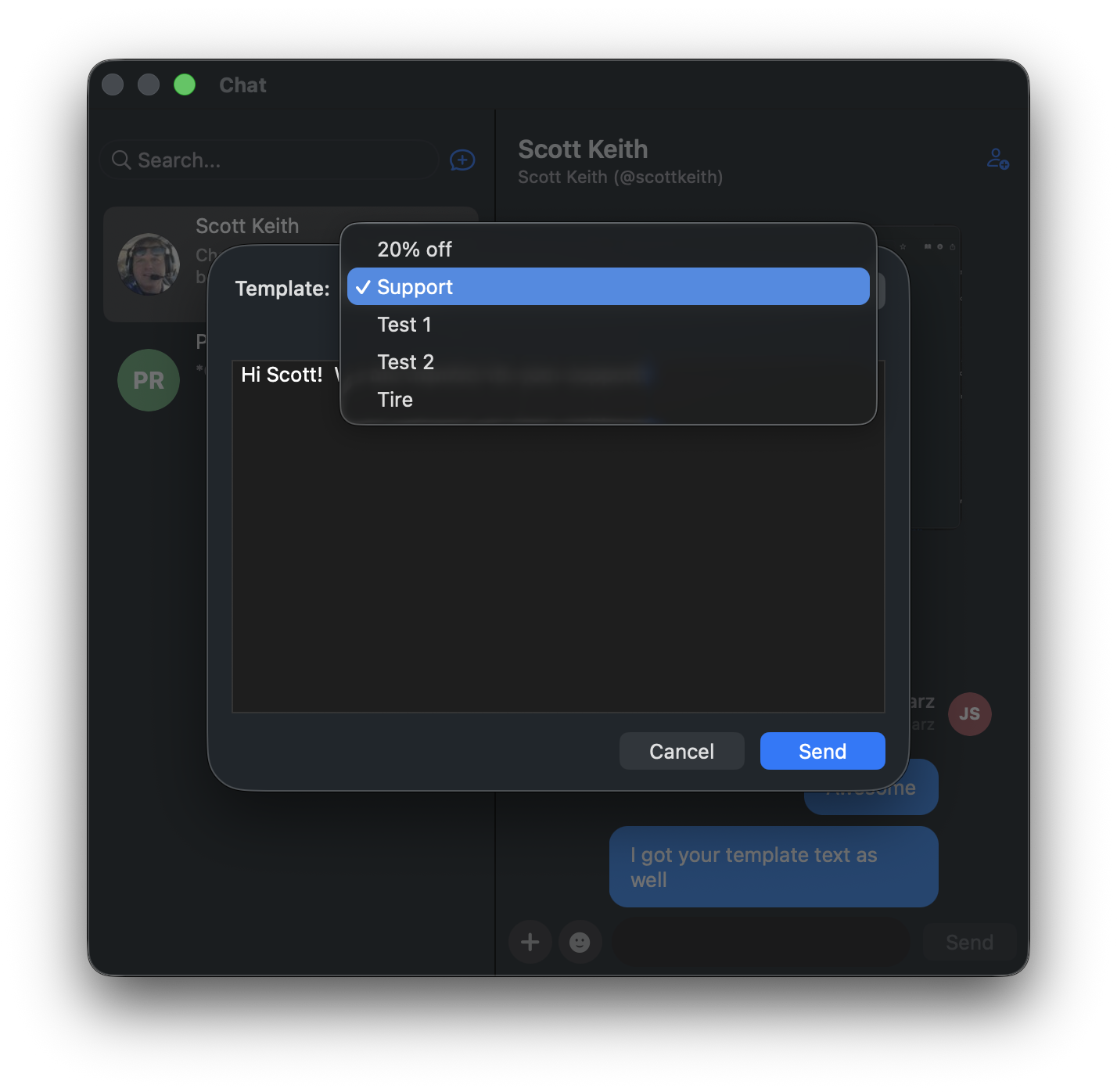 SMS template dropdown with multiple pre-configured templates