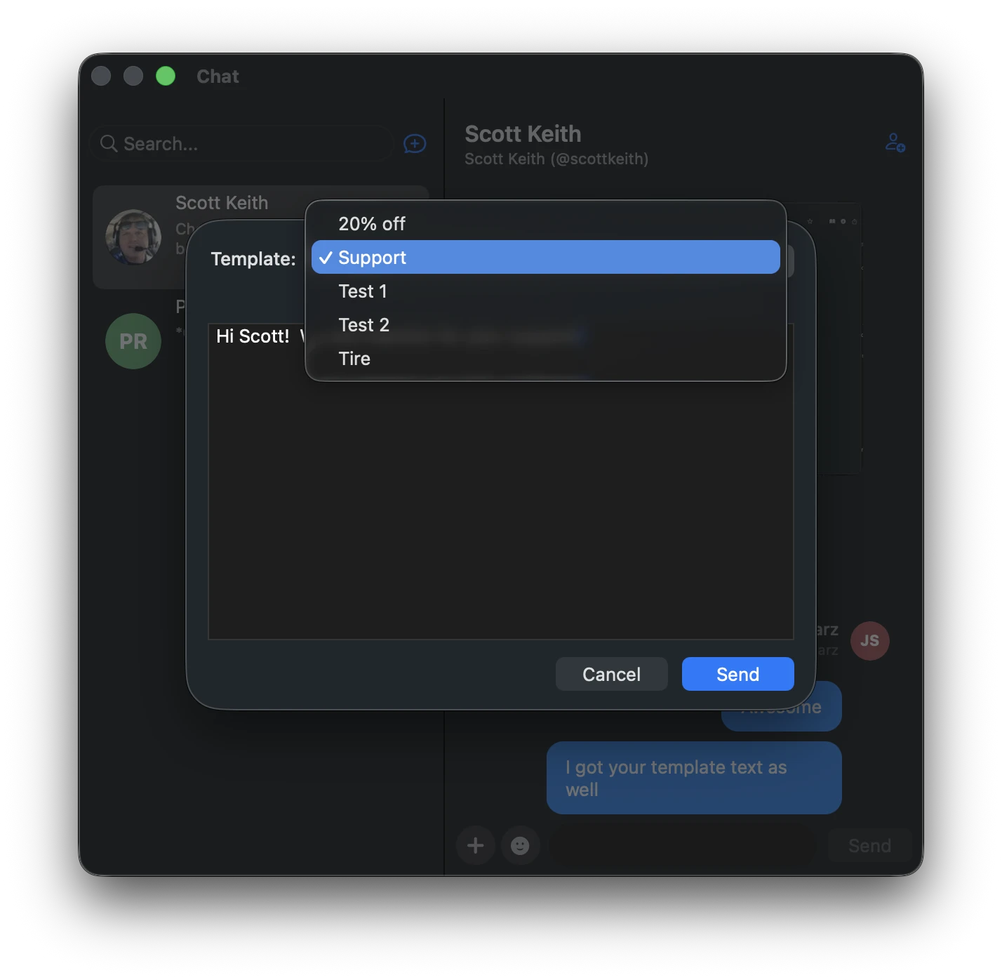 SMS template dropdown with multiple pre-configured templates
