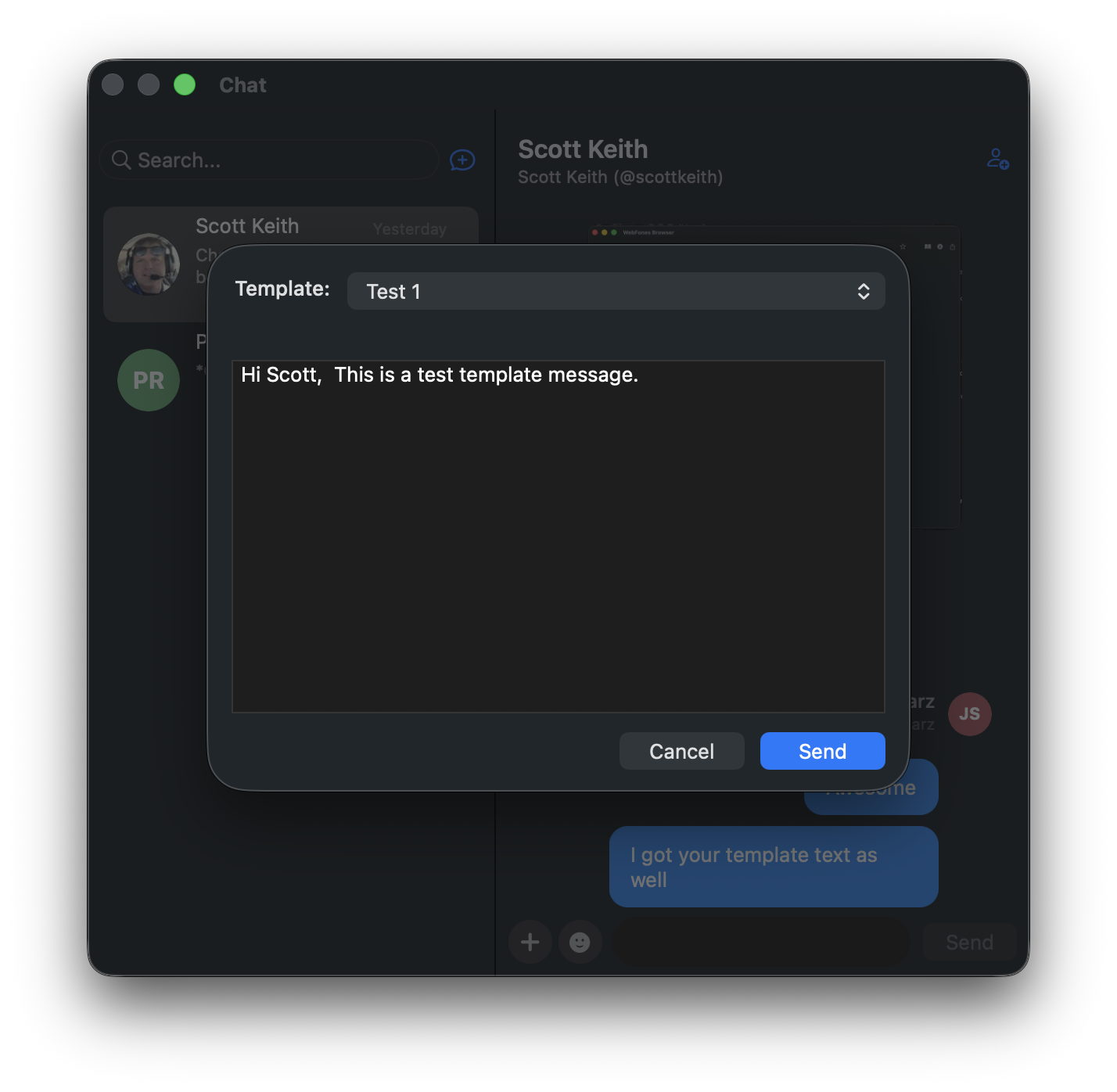SMS template dialog showing a customizable message ready to send